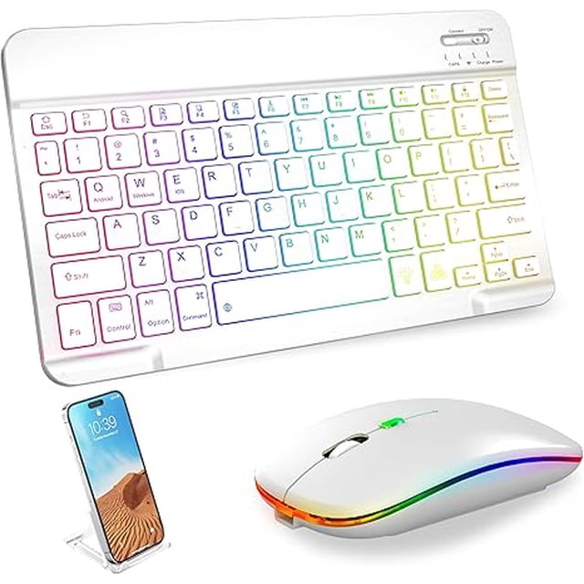 Combo de Teclado y Mouse Bluetooth con Retroiluminación RGB para iPad, Blanco