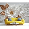 thumbnail image 2 of Stereo White Flowers Wall Mural, Relief Gold Leaves 3D Wallpaper Mural, Nordic Modern Luxury Art Wall Murals Wallpaper For Boys And Girls Bedroom 98.4"W x 68.9"H (Not Peel and Stick), 2 of 6
