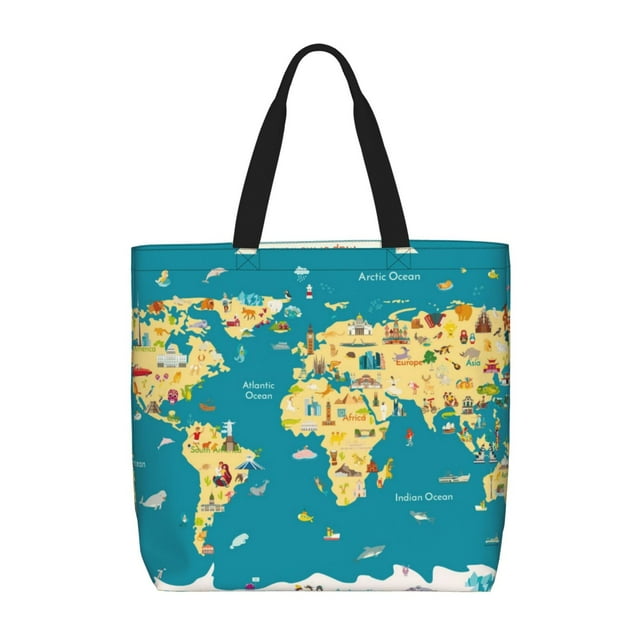 Fotbe World Map With Landmarks Bolsa Tote con Estampado para Mujer, Bolsos con Cremallera, Bolsa de Hombro Casual de Gran Capacidad con Bolsillos Internos