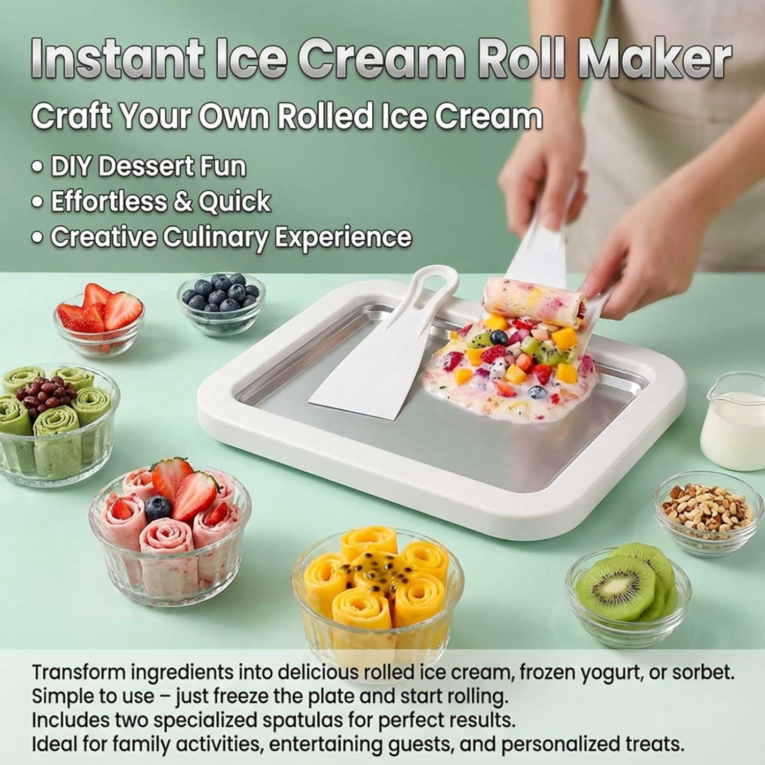 Rolled Ice Cream Maker Kit DIY Ice Cream Roll Tray with 2 Scrapers No Electricity Stainless Steel Freezing Plate for Frozen Yogurt Sorbet White