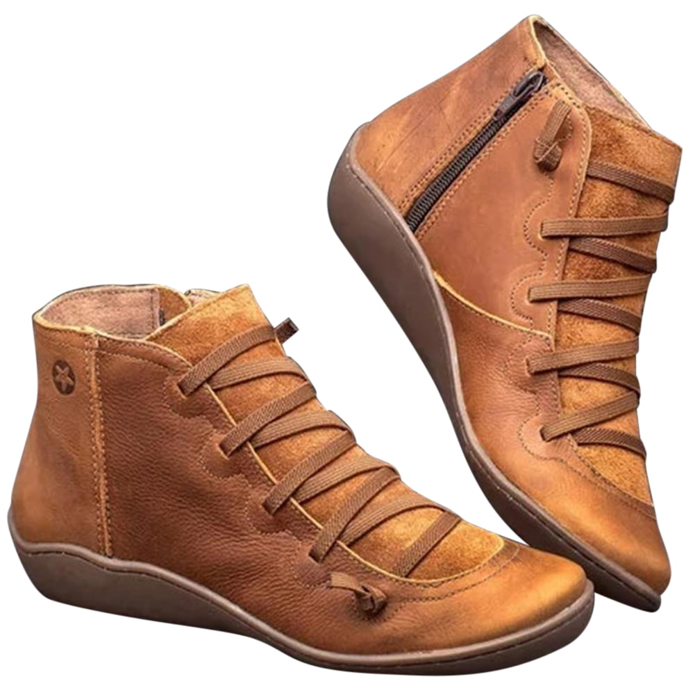 Women Short Boot Leather Ankle Boots Flat Heel Shoes 