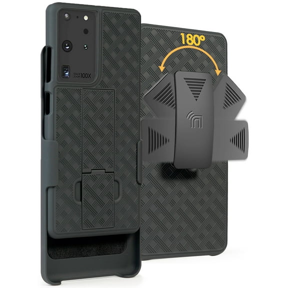 Case with Clip for Galaxy S21 Ultra, Nakedcellphone [Black Tread] Kickstand Cover with [Rotating/Ratchet] Belt Hip Holster Combo for Samsung Galaxy S21 Ultra Phone