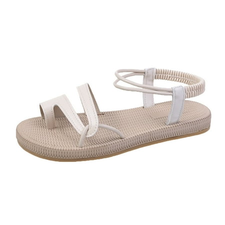 

Sandals Women Ladies Fashion Color Blocking Leather Flat Bottom Cover Toe Straw Woven Bottom Elastic Belt Sandals