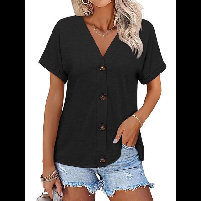 Camisetas Básicas de Verano con Cuello en V y Corta para Mujer Negro XXL