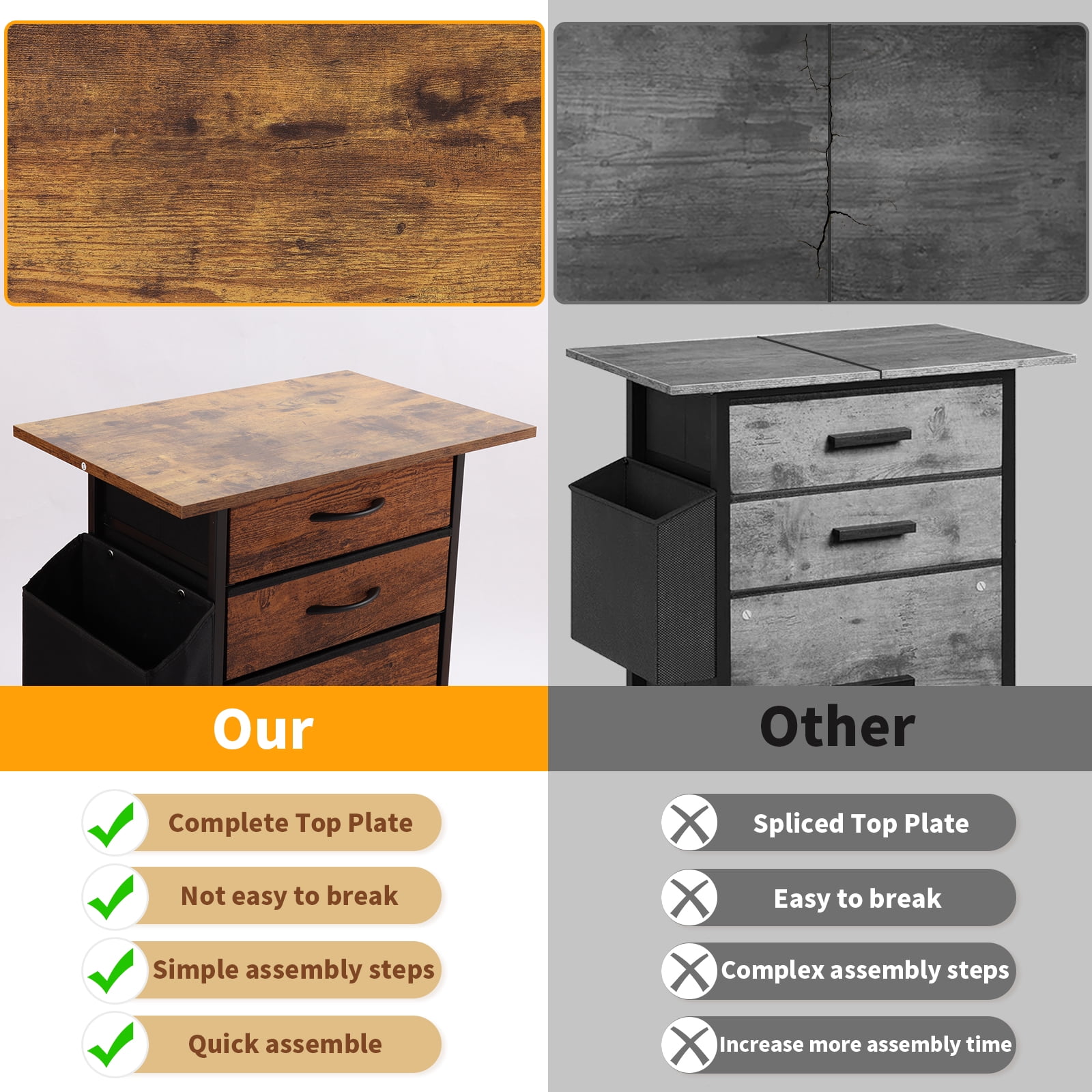 KATHY&BOB Printer Stand with 3 Fabric Drawers, Mobile File Cabinet, Desk Table Cabinet Fits A4 Letter Size, Home Office Furniture, Brown