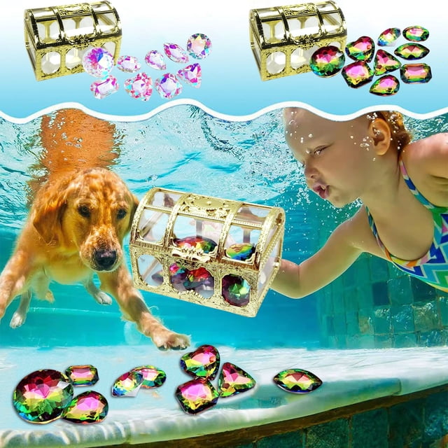 Conjunto de cofres del tesoro de piedras preciosas | 9 coloridas piedras preciosas de cristal - Formas únicas multicolores - Juego de buceo en piscina | Juego sensorial de baño | Fabricación de