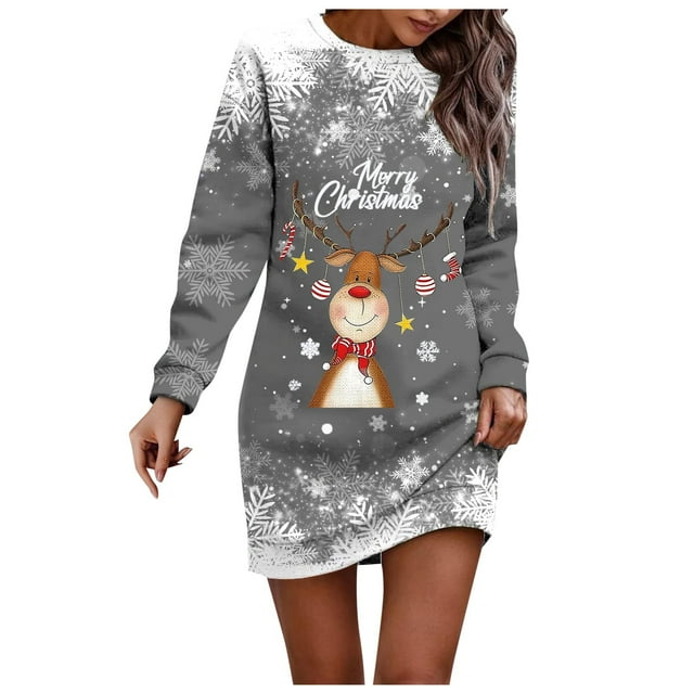 Wyzesi Robes Maxi d'Automne pour Femmes Invitées de Mariage Robe Chandail Imprimée de Noël pour Femmes Col Rond Manches Longues Ample Sans Capuche Robe Décontractée Pyjama de Noël Costume