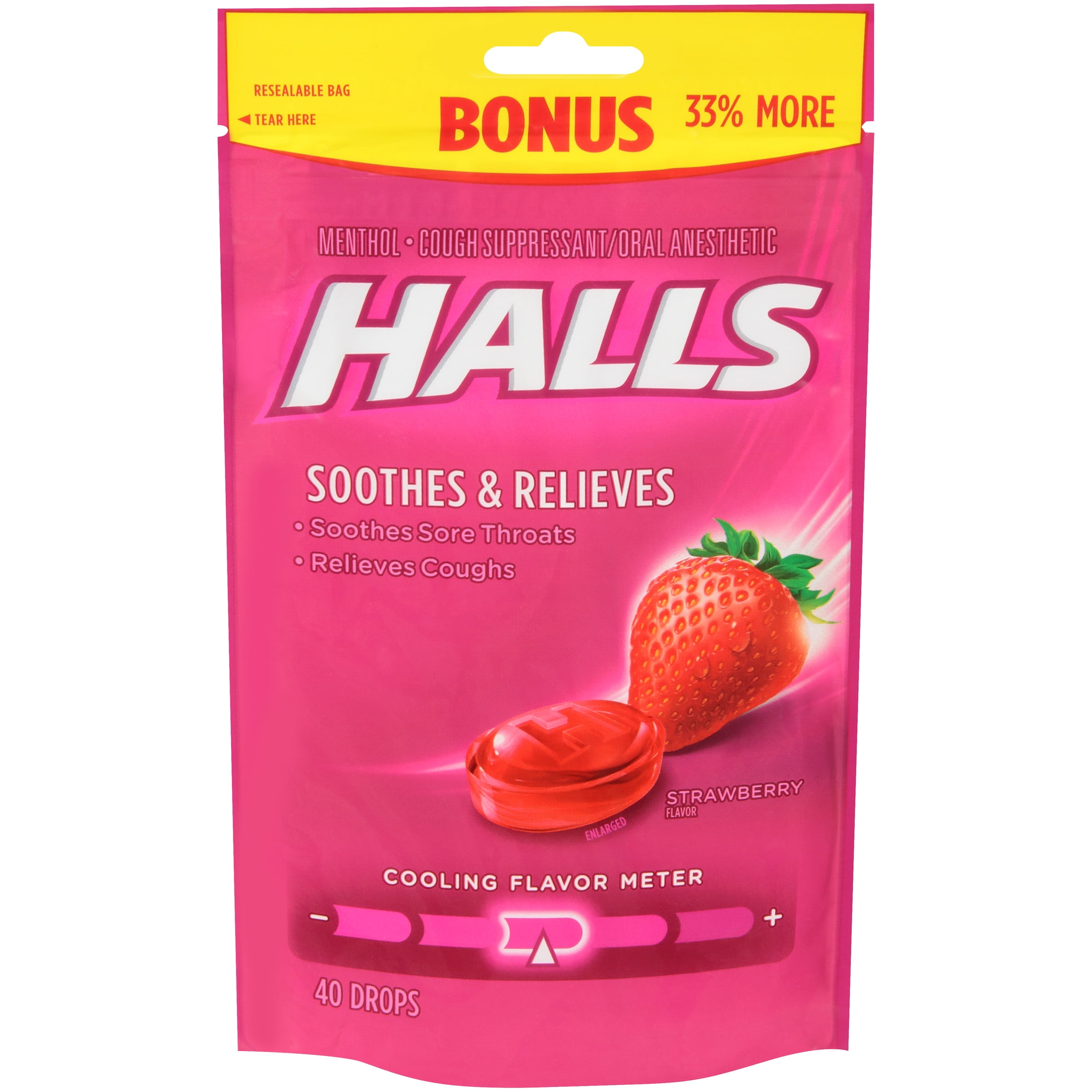 Halls Strawberry Menthol Cough Suppressant/Oral Anesthetic Drops 40 ct
