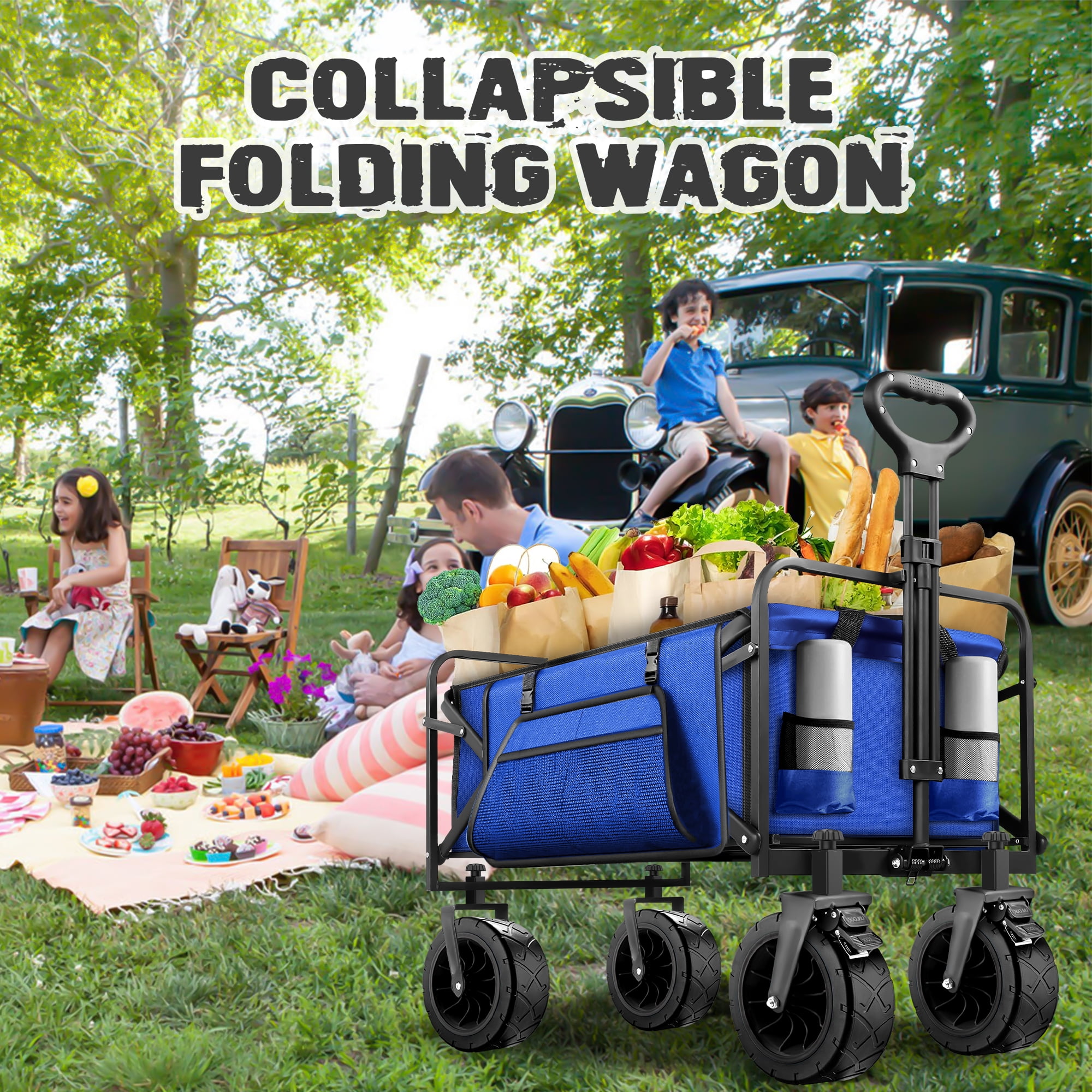 Qunler 560lbs Large Collapsible Wagon Cart, Foldable Heavy Duty Big Bucket Cart Wagon with Side Storage, Multi-Terrain Wheels with Brakes for Shopping, Camping, Garden, Grocery, Blue