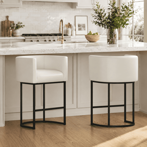FANCROU 26" H Counter Height Bar Stools Set of 2, PU Leather Count Stool with Back and Footrest，Black Metal Frames, White