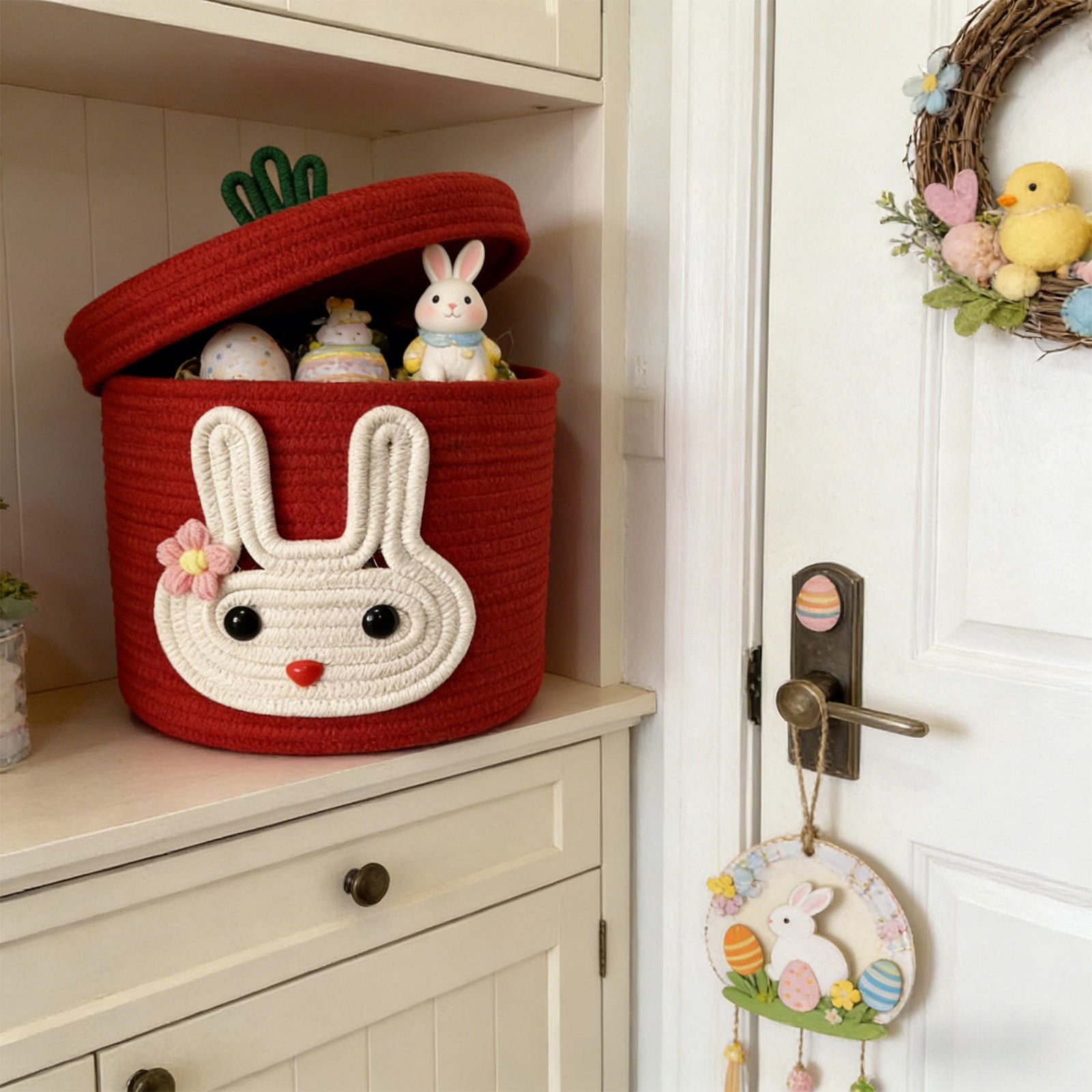 Tyidzon Easter Basket Rabbit Storage Basket with Protective Lid Handwoven Cotton Rope Style Easter Theme Storage Bin with 3D Bunny Ears for Candy Eggs Toys Home Organization