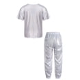 thumbnail image 2 of Sinleey Kids Hip Hop Outfits for Girls Boys Shiny Metallic Dance Tops and Sparkly Pants Trousers Set Silver 130, 2 of 5