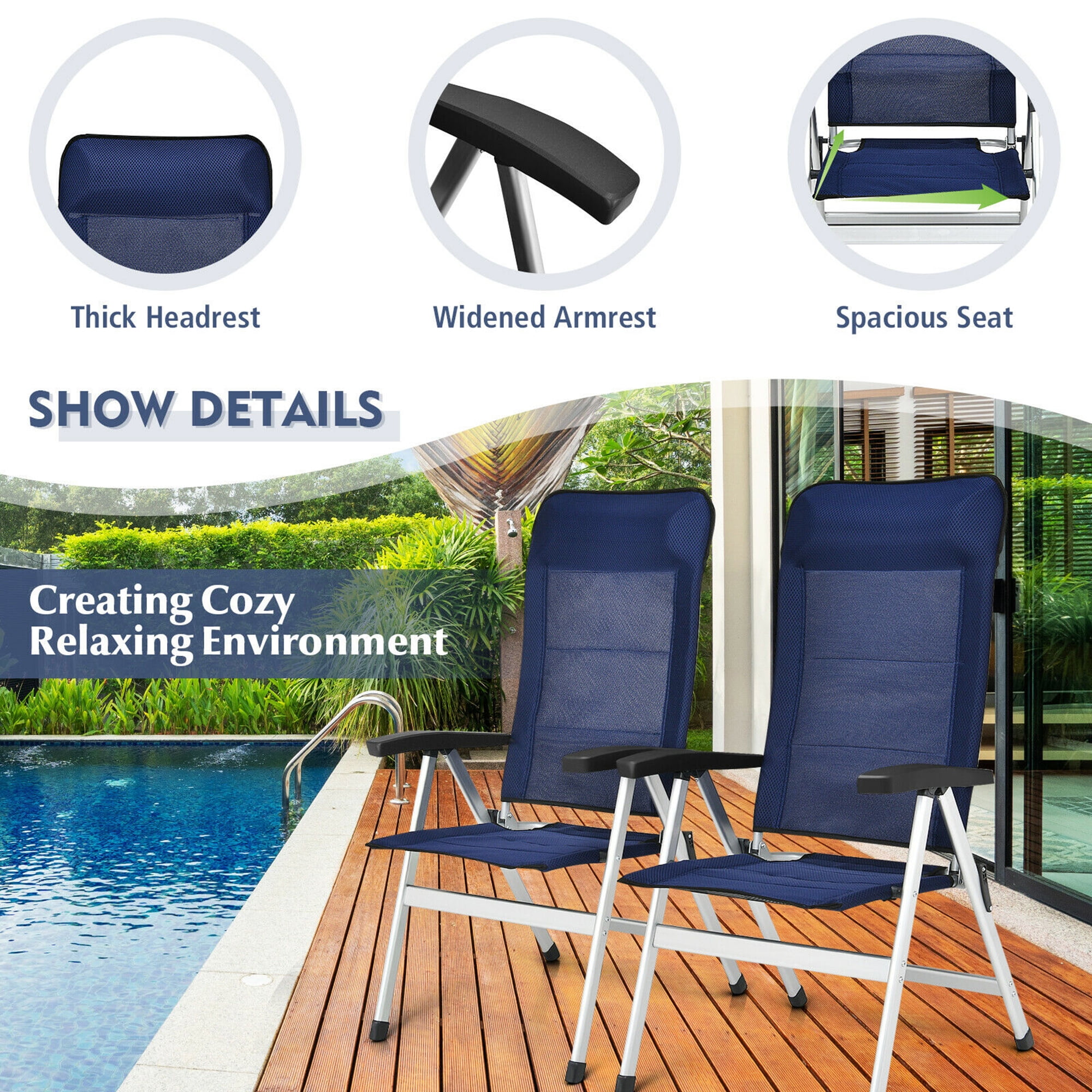 Gymax 2PCS Patio Dining Chair Aluminum Camping Adjust Portable Headrest Navy