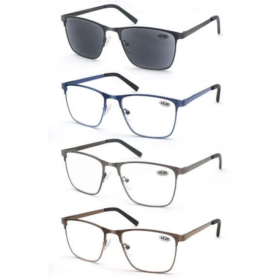 MODFANS 0.50 4 Pairs (Blue Light Blocking) Reading Glasses Men,Metal Frame Rectangle Style Stainless Steel Material Spring Hinges,Black-Grey-Blue-Brown
