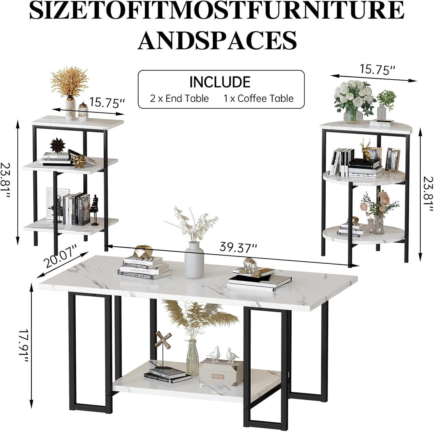 Cvortll Coffee Table Set of 3, Rectangle Faux Marble Tabletop & 2 Tiered Side Tables, Multi-Level Storage for Living Room（White & Black）