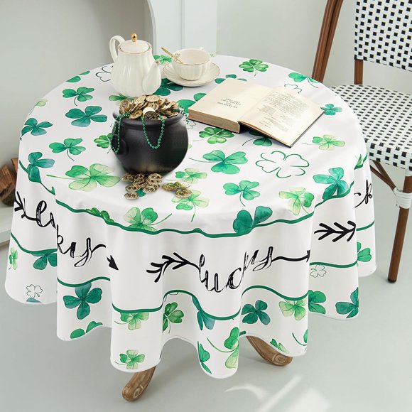 St. Patricks Day Tablecloth, 60 Inch Round Waterproof Lucky Shamrock Table Cloth, Washable Green Clover Table Cover for Holiday Party Picnic Dinner Decor