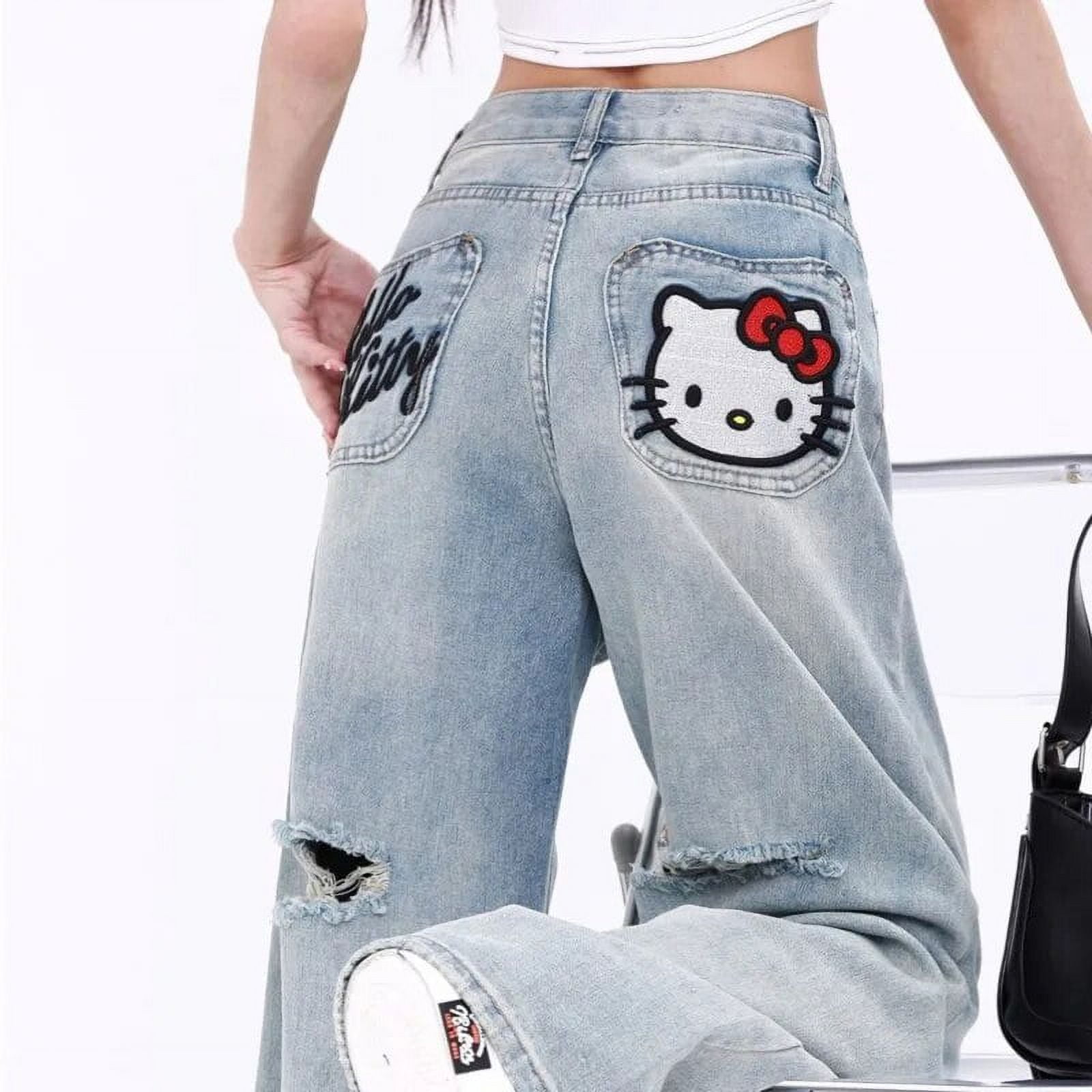 New Sanrio Hello Kitty Jeans Kawaii Woman High Waist Blue New Sanrio Hello Kitty Jeans Kawaii Woman High Waist Blue