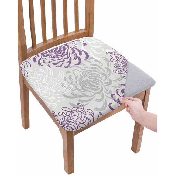 Purple White Chair Seat Covers for Dining Room Stretch Chair Seat Covers Set of 4, Abstract Grey Chrysanthemum Flower Floral Chair Seat Protector Cushion Slipcovers for Kitchen Restaurant Office