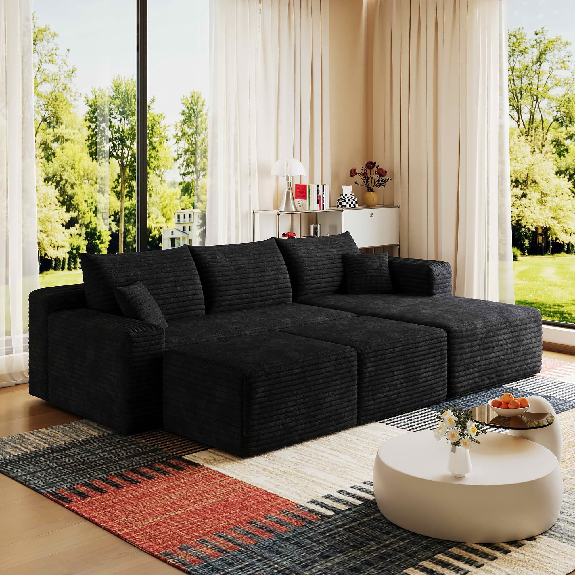 MAYEERTY 95 Inch U‑Shaped Cloud Sectional Sofa with 2 Ottomans, Modern Deep‑Seat Corner Couch, Plush Corduroy Reversible Sofa, No‑Assembly for Living Room Bedroom Apartment