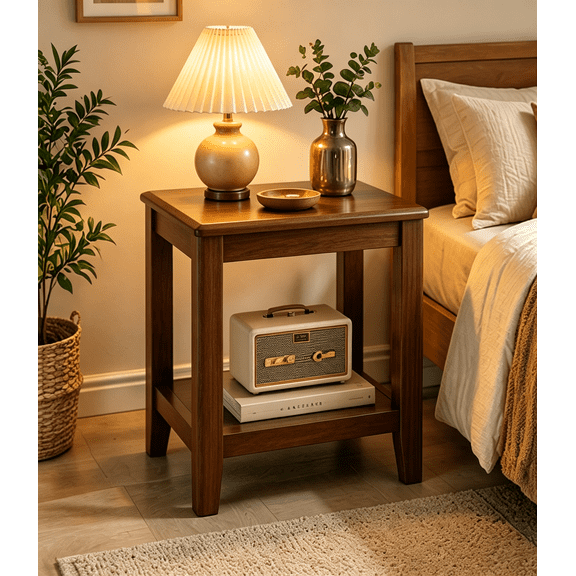 Purfeel Home Solid Wood Side Table with Storage Shelf, 2-Tier Small End Table for Couch, Round Corner Accent Nightstand for Living Room, Bedroom, Small Spaces