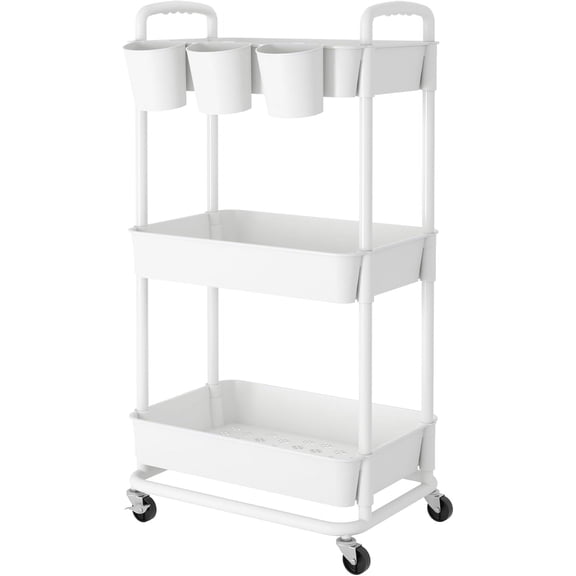 4-Tier Plastic Rolling Storage Cart Utility Cart with Extra Hanging Cups Handles Lockable Wheels for Living Room Bathroom Kitchen Office White
