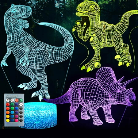 

RNKR 3D Dinosaur Night Light 3D Illusion Lamp Three Pattern and 7 Color Change Decor Lamp with Remote Control for Living Bed Room Bar Best Gift Toys for Boys Girls (Three dinosaurs)