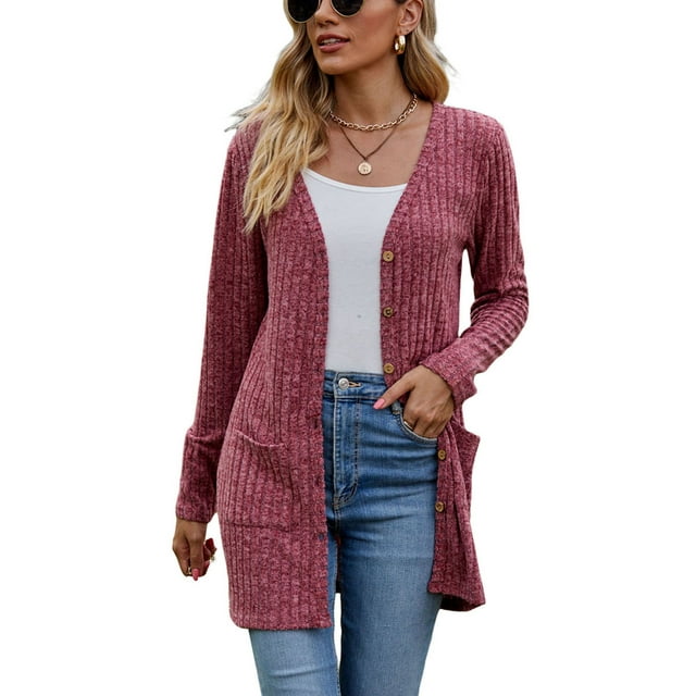 Diconna Women Fashion V-Neck Cardigan Solid Color Rib Long Sleeve Sweater Button-Down Fall Casual Soft Knit Coat