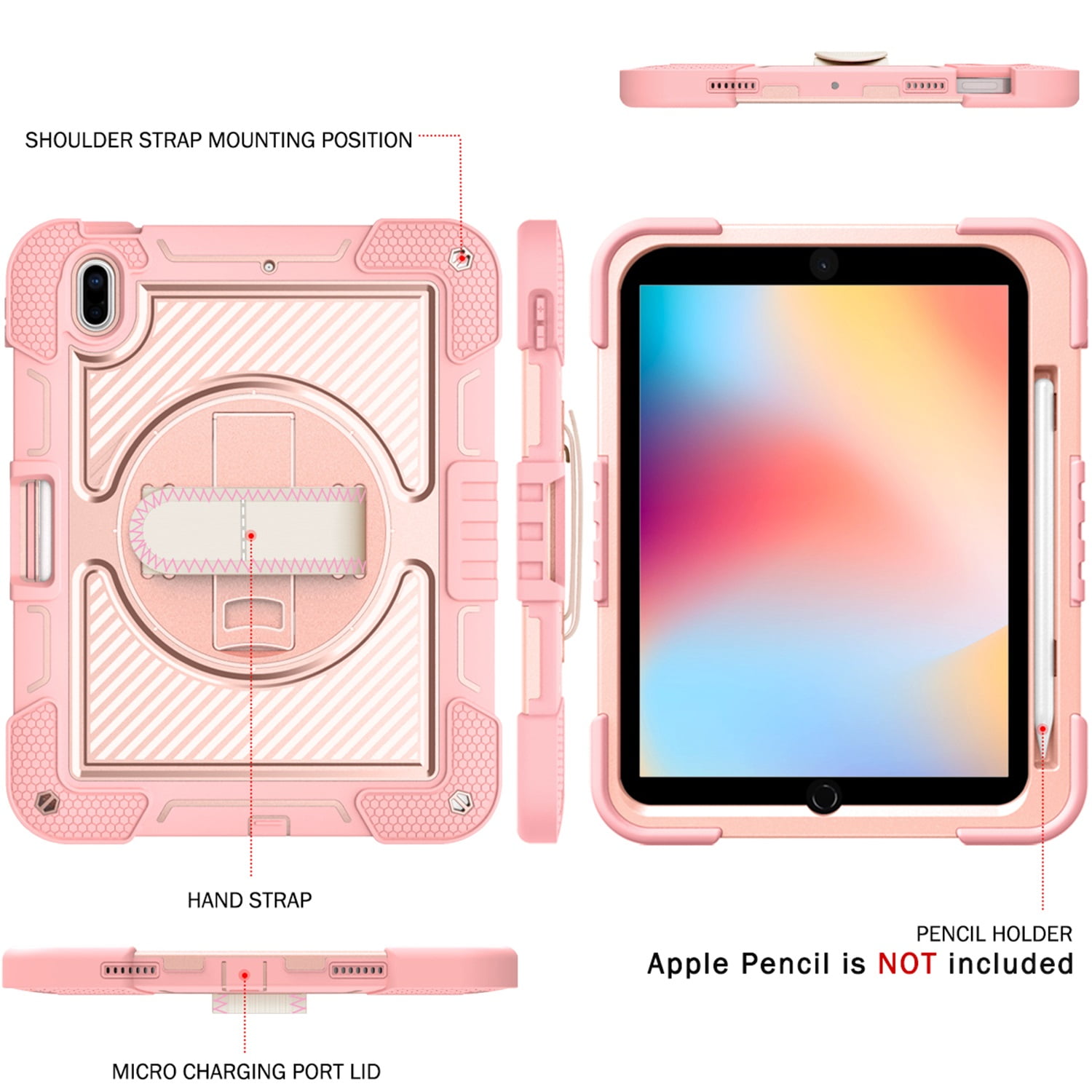 Tarise Case for Apple iPad 10th Generation 10.9 inch (2022), 360° Rotating Kickstand with Pencil Holder/ Hand Strap/ Shoulder Strap Hard PC Rugged Silicone Shockproof Bumper Stand Cover, Rosegold