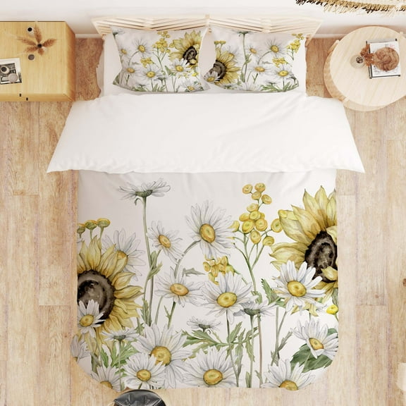 Modern Minimalist Bedding Set, Sunflower Print Unisex Bedding Set with 1 Duvet Cover and 2 Pillowcases