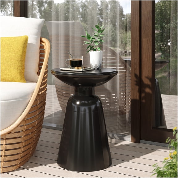 JERFIT Black Outdoor End Table, 16 inch Round Metal Side Table with Pedestal Base, No Assembly Patio Coffee Table for Garden, Porch, Poolside