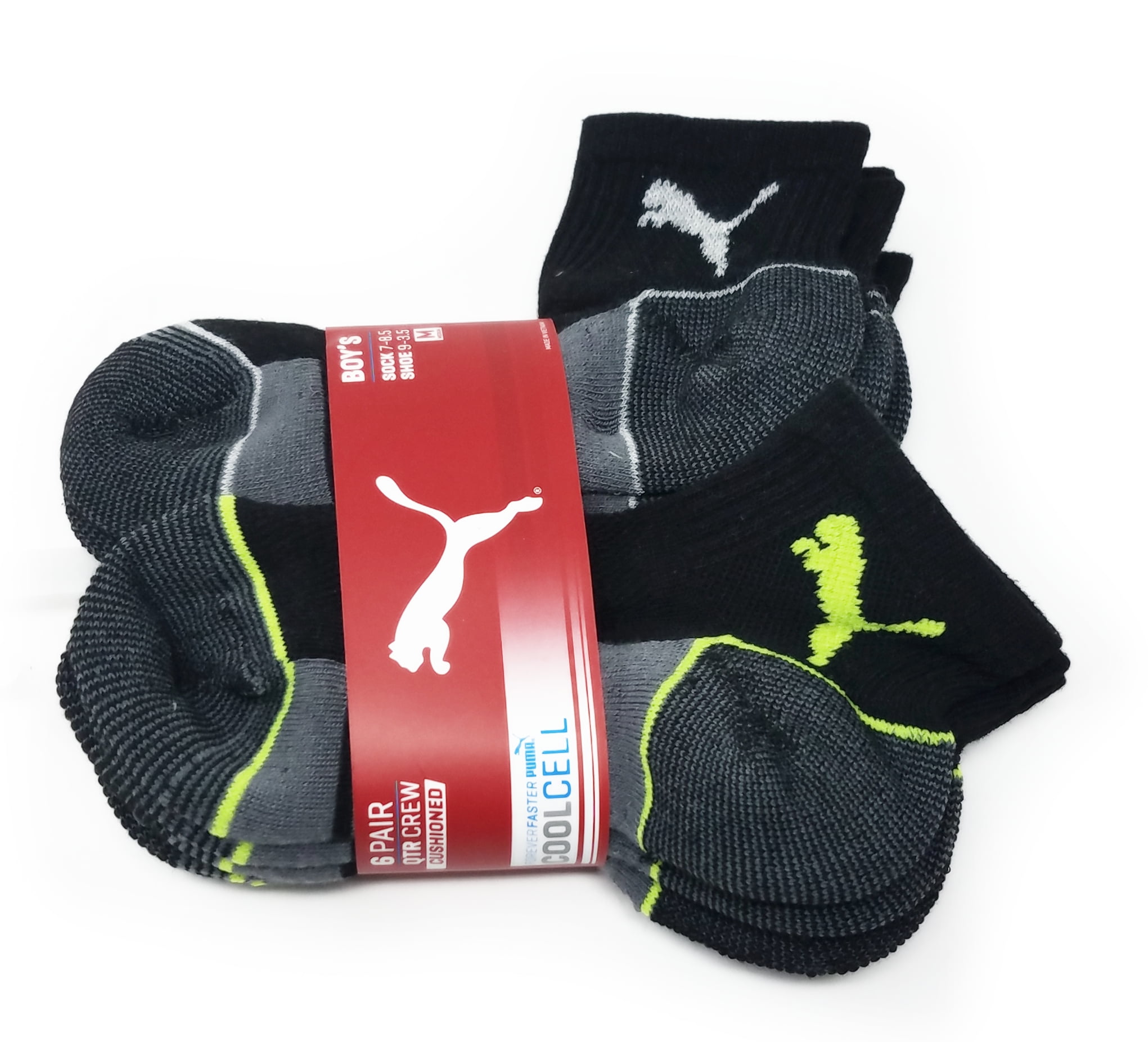 PUMA Puma CoolCell 6 Pair Quarter Crew Boy's Socks, Black/Charcoal