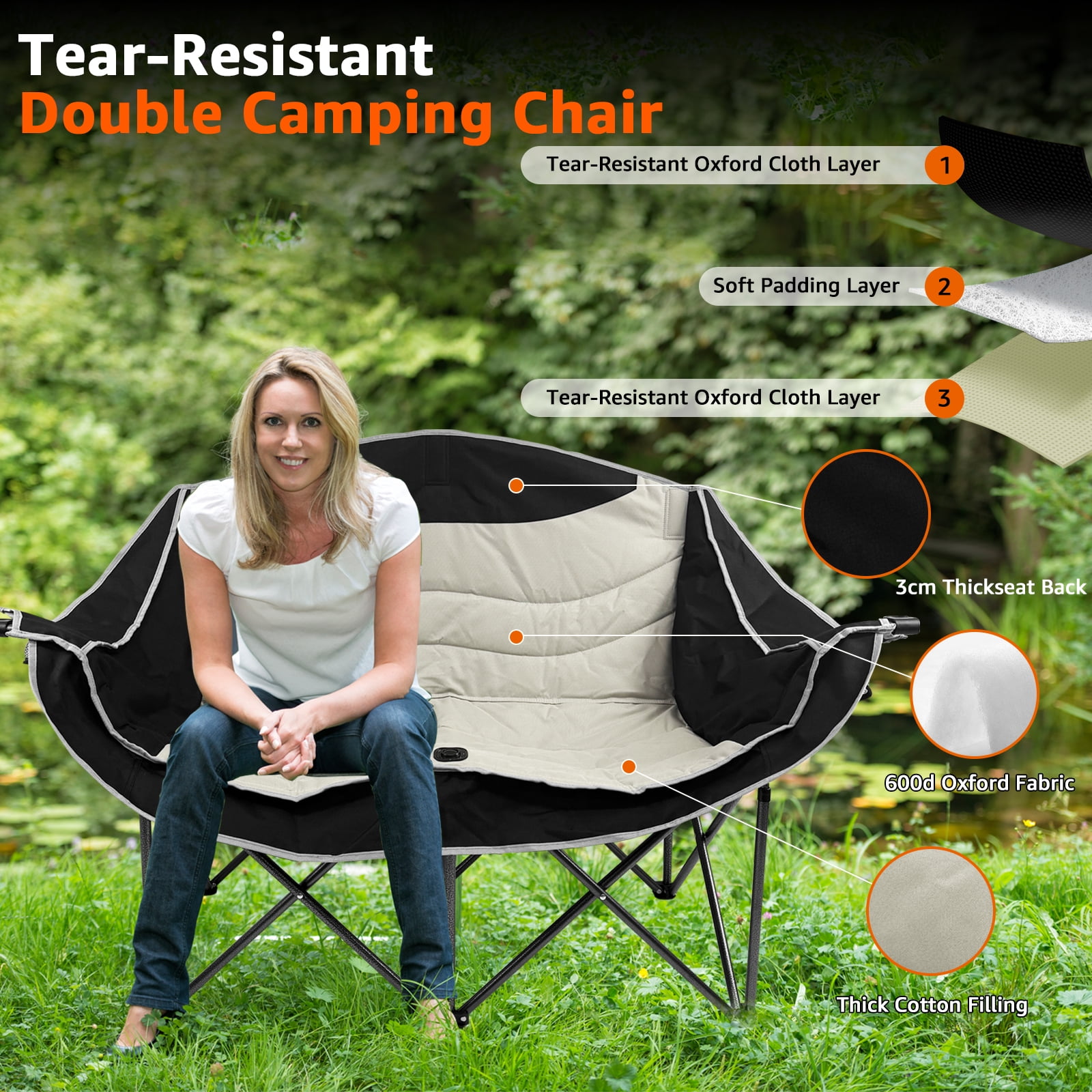 Jacgood Double Camping Chair for Couples, Comfortable Folding Loveseat with 2 Cup Holders & Armrests, Heavy-Duty 660lb Capacity for Camping