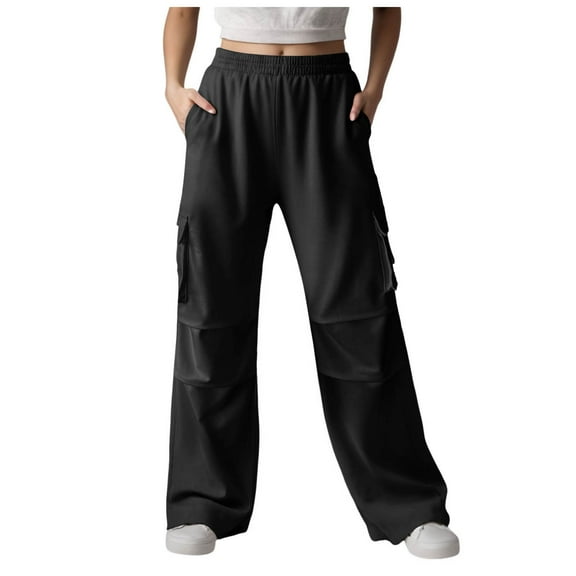 Gibobby High Waisted Cargo Pants for Women Baggy Y2k Straight Wide Leg Pants with Pockets Streetwear(Black,S)
