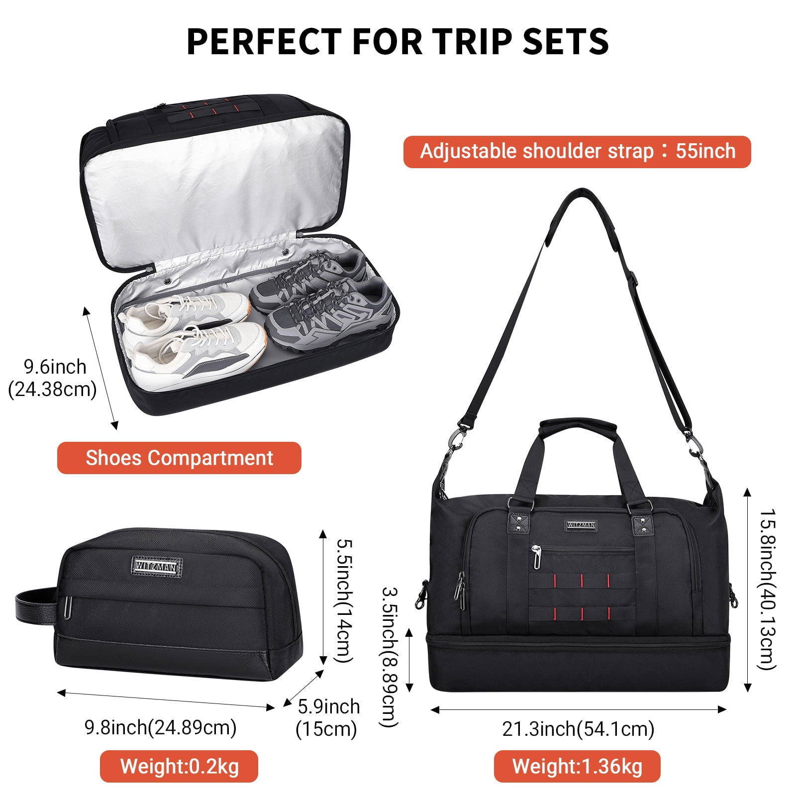 WITZMAN Travel Duffle Bags for Men Weekender Bags with Toiletry Bag Sets Carry on Overnight Bag 55L（B696 Black）