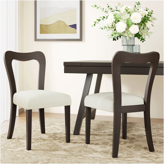 JERFIT Modern Upholstered Dining Chairs Set of 2, Wooden Side Chairs with Fabric Padded Seat, Dark Brown and Beige Accent Chair for Kitchen, Dining Room