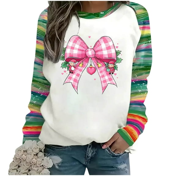 successthop Christmas Sweatshirt Women Bow Stripe Oversized Crewneck Long Sleeve Sweater Pullover Clothes Print Tops 2XL