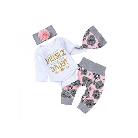 

4pcs Newborn Toddler Baby Girl Floral Clothes Jumpsuit Romper Bodysuit Pants Headband Hat Outfit Set 0-6 Months