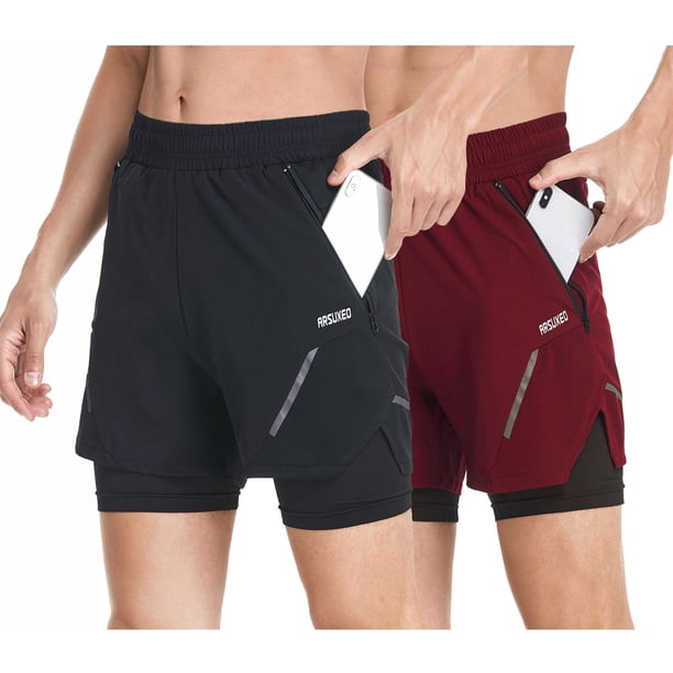 Pantalones cortos para correr 2 en 1 para hombre con bolsillos con cremallera, secado rápido, para hacer ejercicio