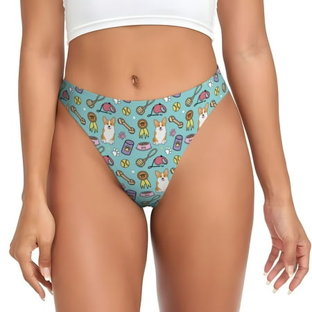 Cute Corgi Dog Bowl Props Thongs for Women - No Show Seamless Womens Thongs Underwear  Stretch G String Thongs for Women  Ladies Breathable Thong Bikini Panties Briefs