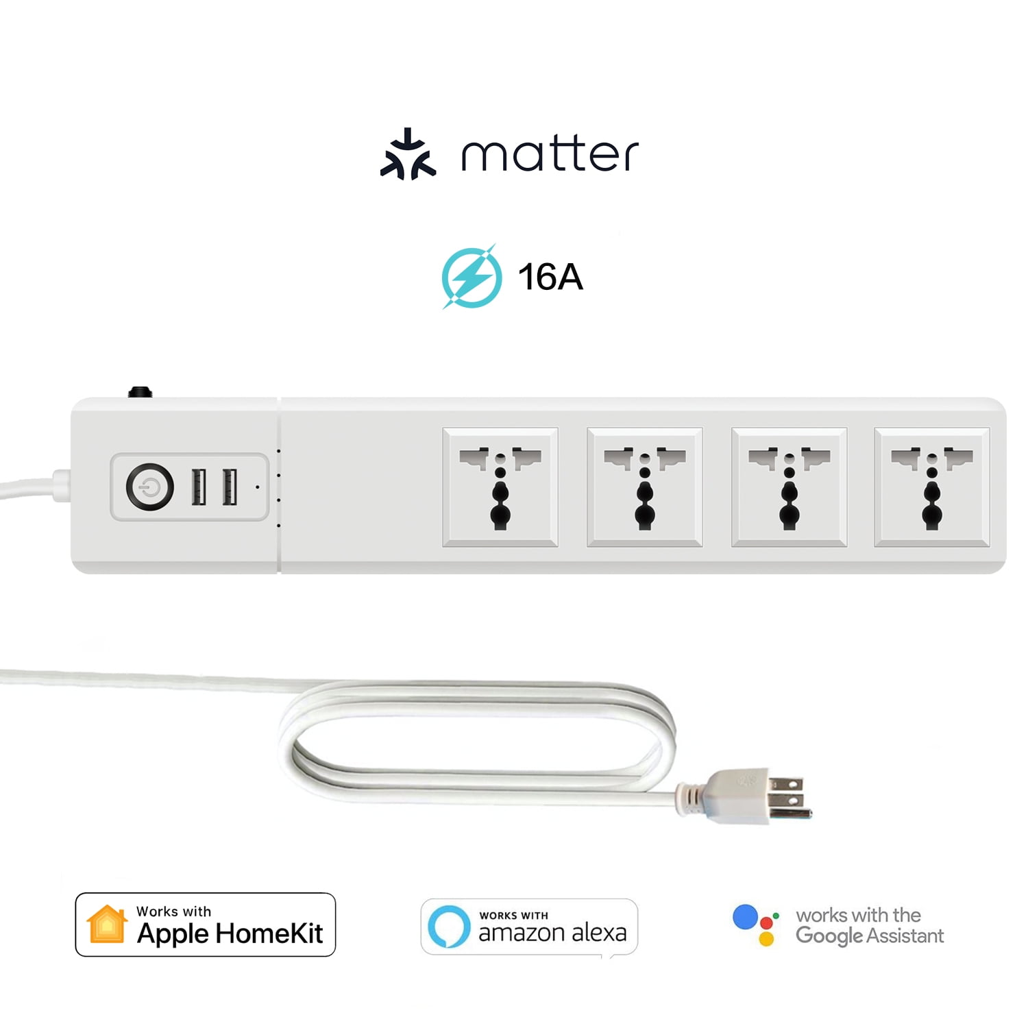 Matter 16A Universal Smart Power Strip WiFi Plug Multiple Outlet Surge Protector 4 AC Outlets,2 USB Port, Compatible Work with Apple Homekit,Amazon Alexa, Google Home,Only supports 2.4GHz WiFi