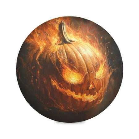 

WOBOGO A Pumpkin Head on Fire Round Placemats Set of 6 Heat Resistant Washable Kitchen Table Decorations 15.4in