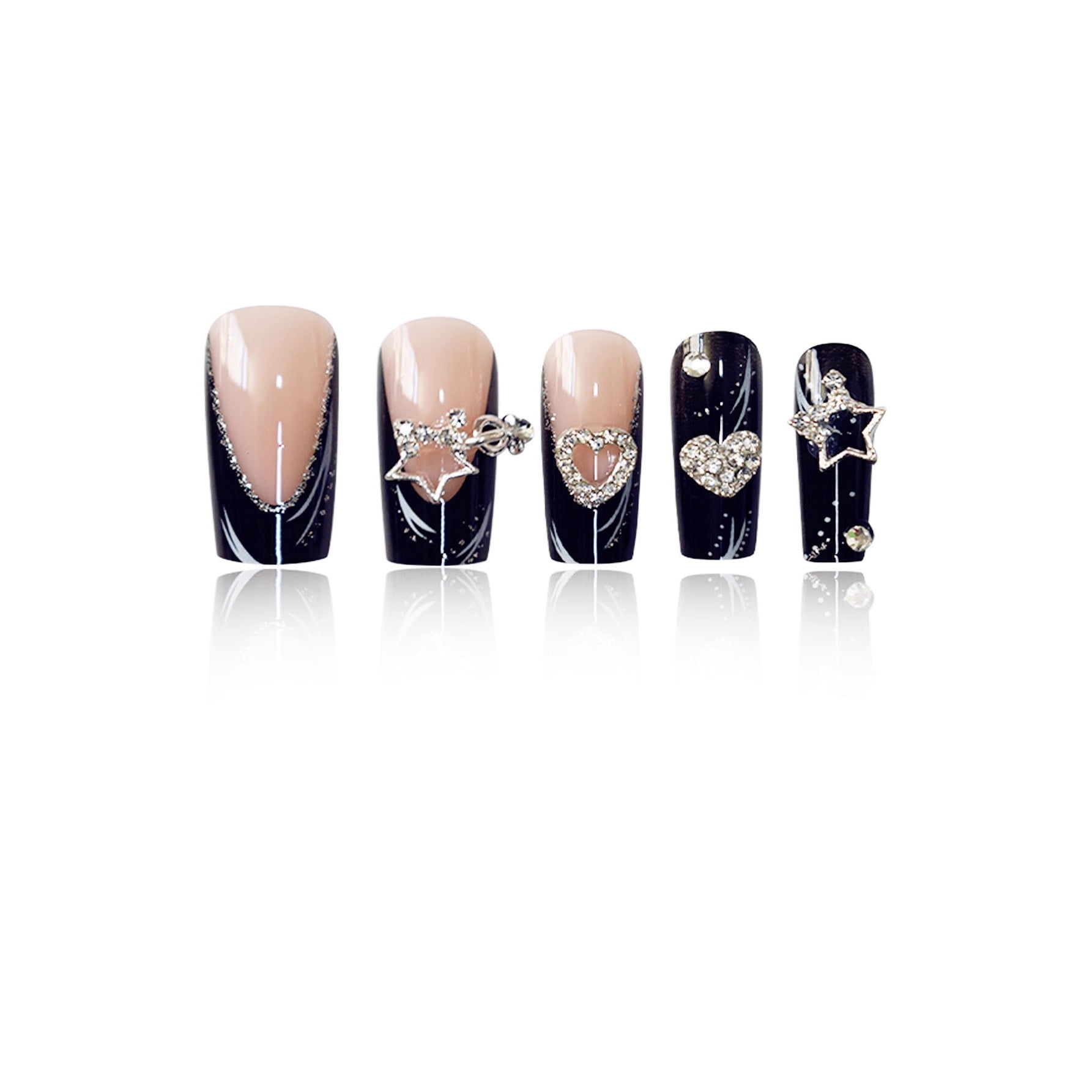 Cross-border hot sale square fake nails pure desire black sweet love stars flash diamonds wearing nail pieces finished product wholesale
