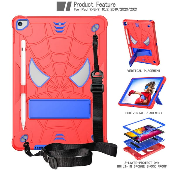 For ipad 9th Gen 2021 10.2 inch Case Kids Tablet cover Silicone +PC case for iPad 8th / 7th Gen A2602 A2603 A2604+shoulder strap red and blue iPad 9th 8th 7th Gen