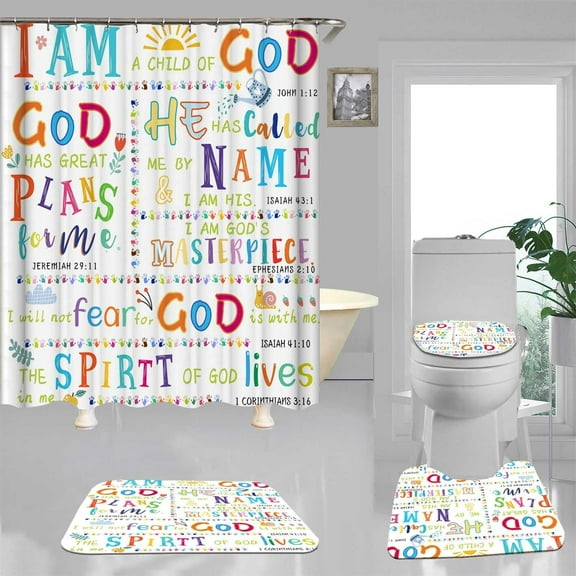 4PCS Inspirational Quotes Shower Curtain Sets with Rugs, Waterproof White Fabric Shower Curtain, Colorful Cartoon Funny Positive Motivational Word Teens Boys Girls Kids Bathroom Decor