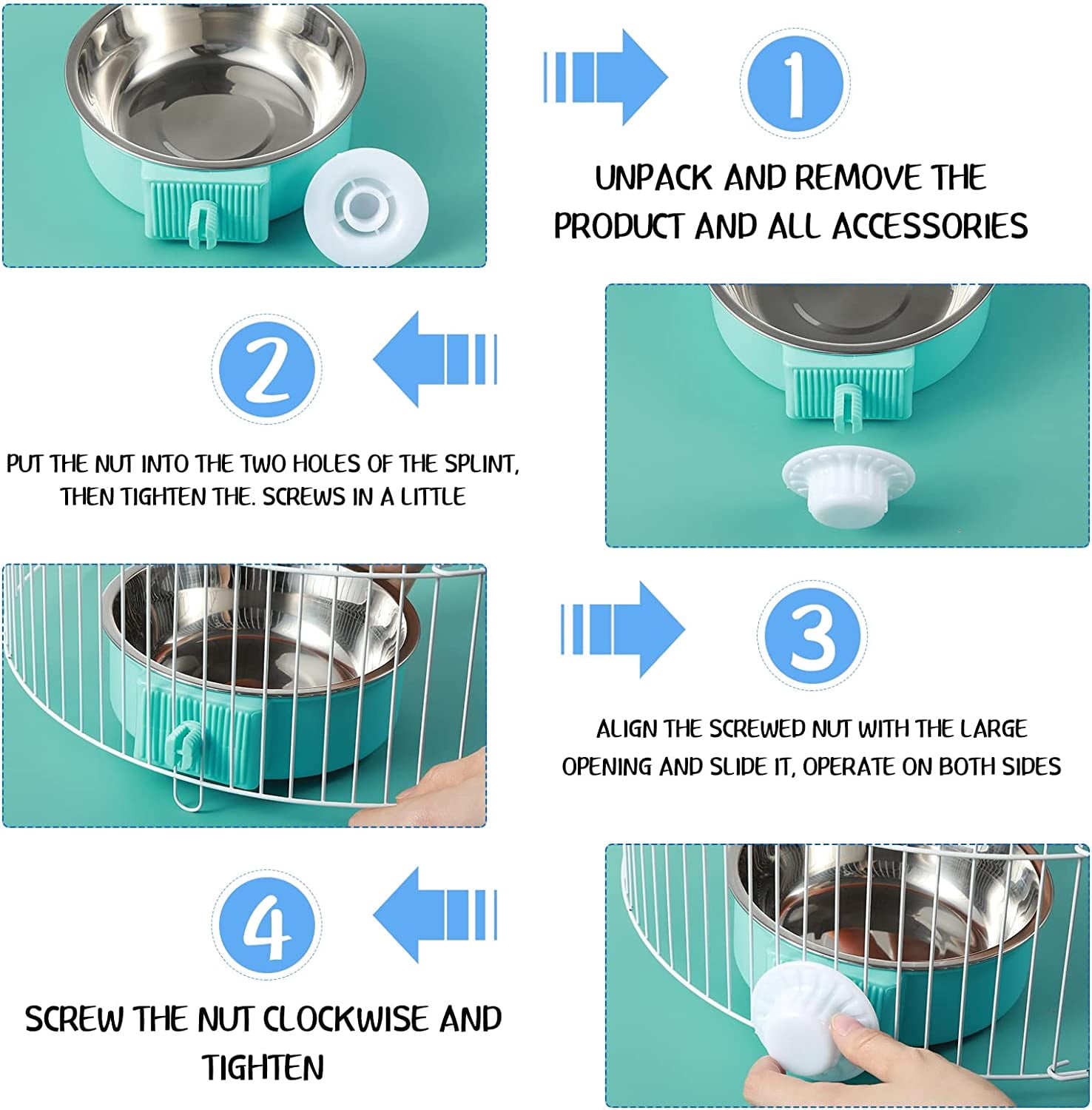12-Pack Stainless Steel Hanging Crate Bowls - Removable Kennel Food Water Cups for Puppy Dog Cat Bird Ferret Rabbit Guinea Pig