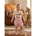 thumbnail image 3 of BemeyourBBs Western Baby Girls Summer Clothes Newborn Baby Girl Cowgirl Outfits I'm the New Cowgirl in the Town Letter Print Flying Sleeve Romper Boots Cowgirl Hat Print Shorts Headband Sets, 3 of 9