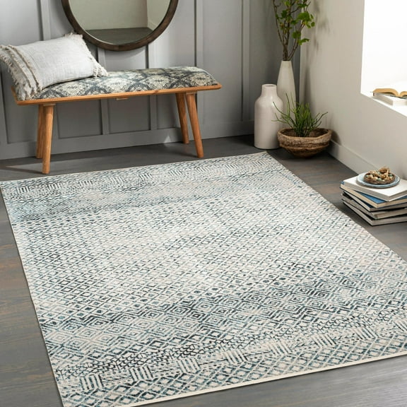 Mark&Day Washable Rugs, 5x7 Waynetown Global Ink Blue Area Rug, Blue Carpet for Living Room, Bedroom or Kitchen (5'3" x 7', Machine Washable)