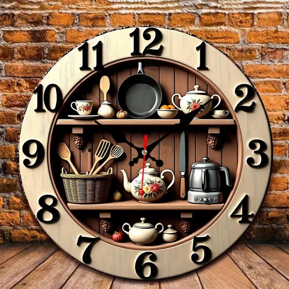 12 Inch Wall Clock, Kitchenwarethemed Wooden Round Wall Clocks with Silent Non-Ticking Quartz Movement, Battery Operated, Art Decor Hanging Clock for Kitchen, Bathroom, Bedroom, Living Room