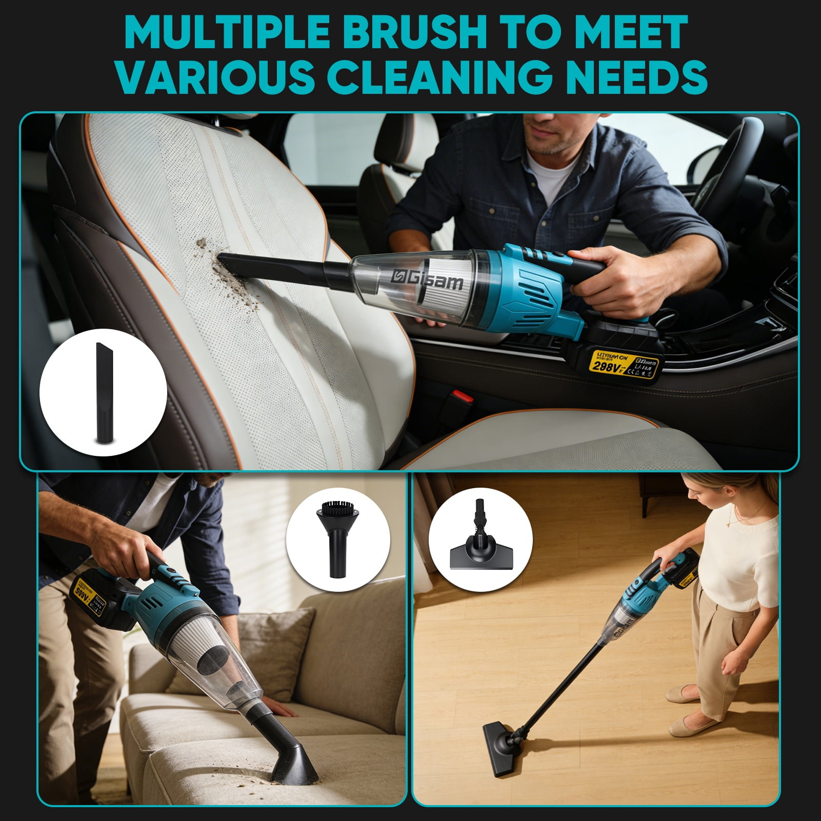 Gisam V4331 Cordless Vacuum Cleaner, Ultra-Lightweight,Multi-function Handheld Cleaner, with 3 Filter /LED lights, For Car, Home, Pet Hair/Carpet/Hard Floor