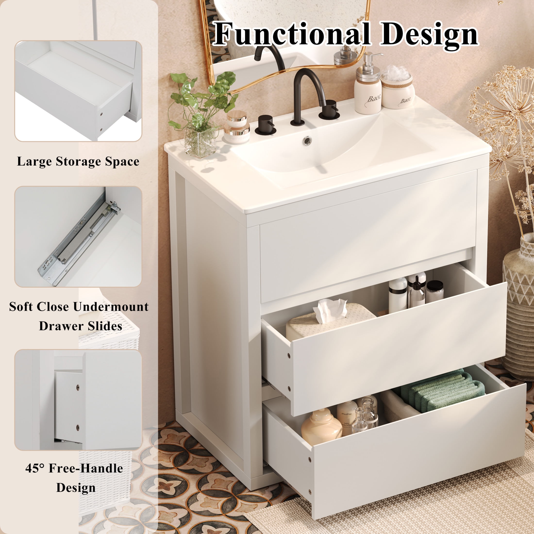 Christopher Knight Home 30" Bathroom Vanity with Sink, Soft-Close Drawers & Beveled Handleless Design, White